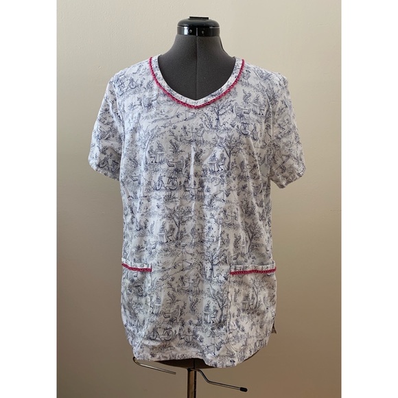 [Cherokee] White Café Print Scrub Top - Picture 1 of 5